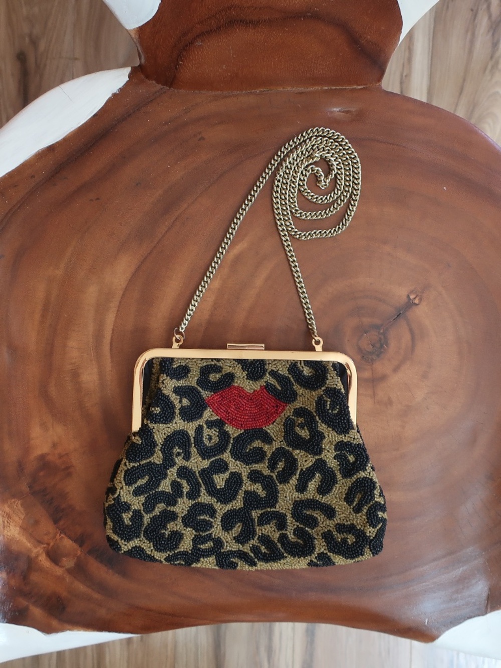 Clare V. Flore in Beaded Leopard w/Red Lips